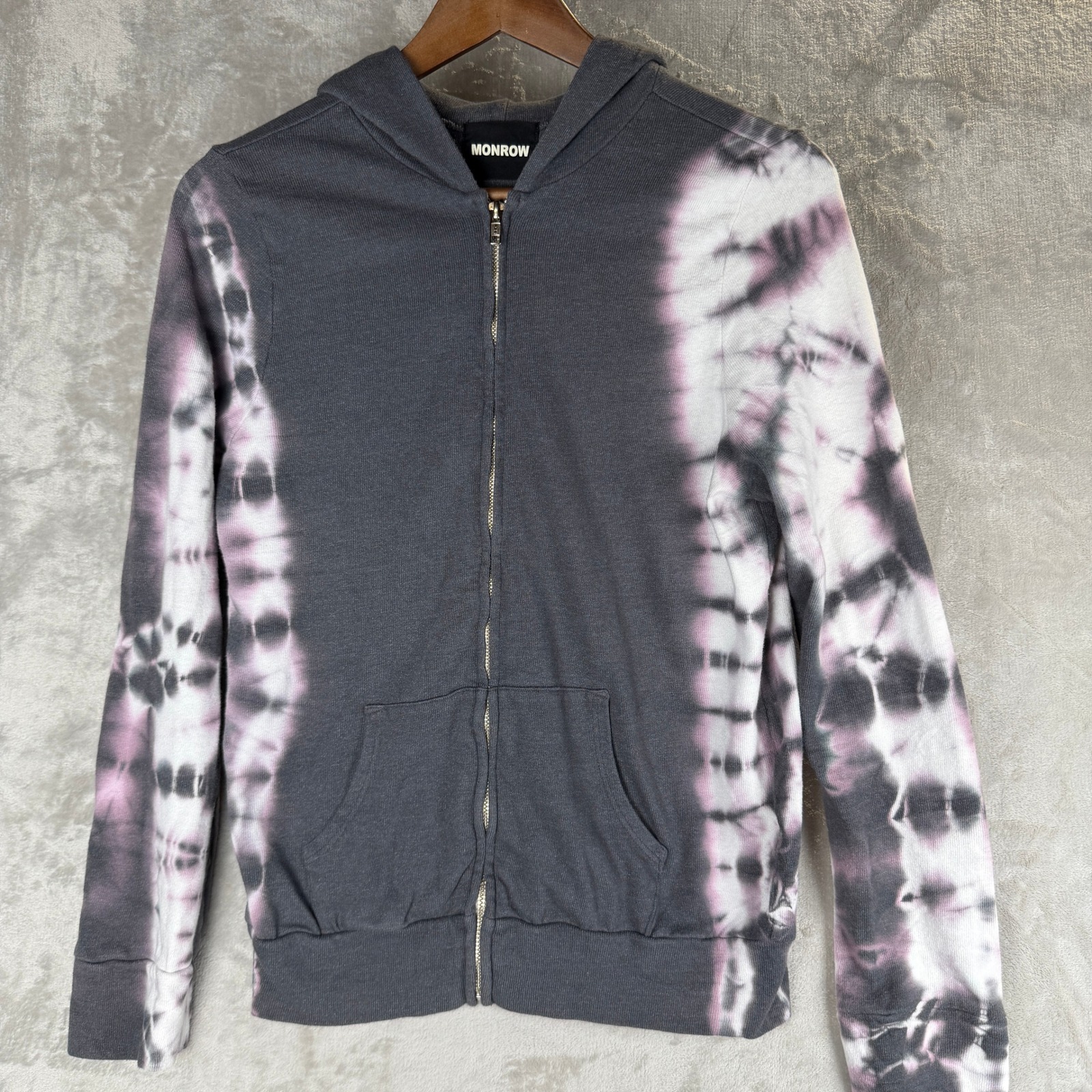Monrow Womens Large Grey Purple Tie Dye Full Zip Hoodie Sweatshirt Fleece
